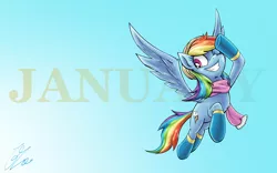 Size: 4000x2500 | Tagged: artist:lovelyneckbeard, beanie, calendar, clothes, derpibooru import, flying, hat, rainbow dash, safe, salute, scarf, signature, socks, solo, wink