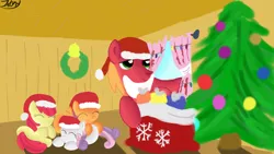 Size: 3628x2040 | Tagged: safe, artist:jbond, derpibooru import, apple bloom, big macintosh, scootaloo, sweetie belle, earth pony, pony, christmas, christmas lights, christmas ponies, christmas tree, clubhouse, crusaders clubhouse, cutie mark crusaders, female, hat, male, new year, santa hat, stallion, tree