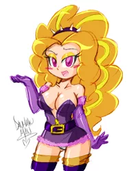 Size: 854x1134 | Tagged: suggestive, artist:danmakuman, derpibooru import, adagio dazzle, human, equestria girls, rainbow rocks, breasts, busty adagio dazzle, cleavage, clothes, evening gloves, female, humanized, panties, skirt, solo, stockings, thigh highs, underwear, unf, upskirt, white underwear