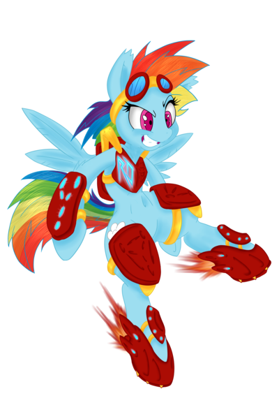 Size: 2000x3000 | Tagged: safe, artist:dfectivedvice, artist:dragonfoorm, derpibooru import, rainbow dash, pegasus, pony, armor, belly button, bipedal, female, goggles, mare, rocket boots, simple background, solo, transparent background