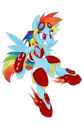 Size: 2000x3000 | Tagged: safe, artist:dfectivedvice, artist:dragonfoorm, derpibooru import, rainbow dash, pegasus, pony, armor, belly button, bipedal, female, goggles, mare, rocket boots, simple background, solo, transparent background