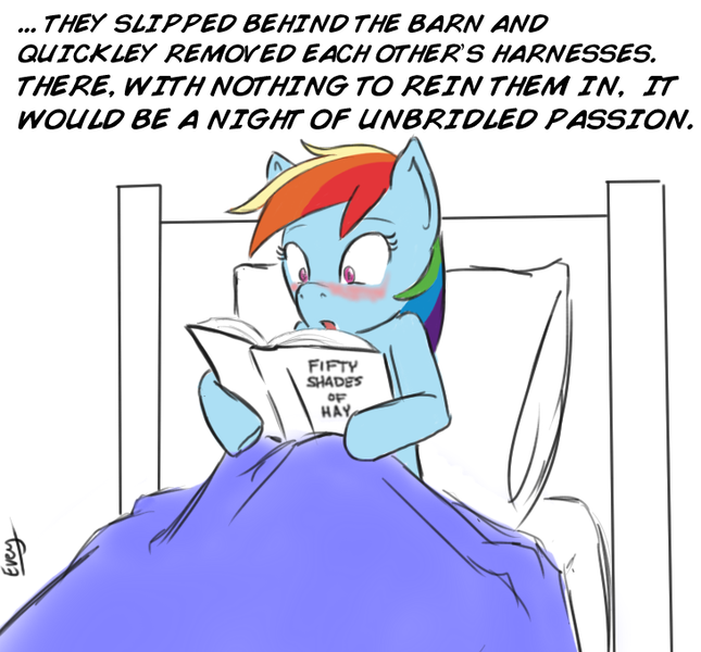 Size: 730x679 | Tagged: 50 shades of hay, artist:eve-ashgrove, bad pun, bed, blushing, book, derpibooru import, erotica, fifty shades of grey, :o, parody, pun, questionable, rainbow dash, reading, wide eyes
