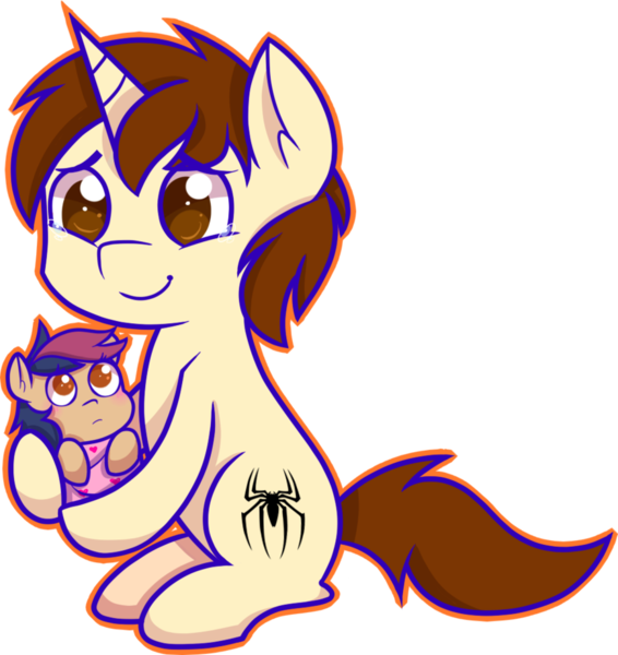 Size: 868x920 | Tagged: safe, artist:mochi--pon, derpibooru import, oc, oc:mayday parker sparkle, pony, baby, baby pony, crossover, cute, father and daughter, offspring, parent:peter parker, parent:twilight sparkle, parents:spidertwi, peter parker, simple background, spider-man, spiders and magic ii: eleven months, tears of joy, transparent background