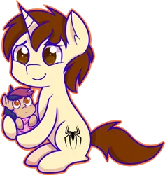 Size: 868x920 | Tagged: safe, artist:mochi--pon, derpibooru import, oc, oc:mayday parker sparkle, pony, baby, baby pony, crossover, cute, father and daughter, offspring, parent:peter parker, parent:twilight sparkle, parents:spidertwi, peter parker, simple background, spider-man, spiders and magic ii: eleven months, tears of joy, transparent background