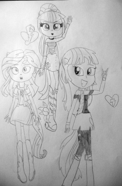 Size: 3007x4577 | Tagged: safe, artist:berrypunchrules, derpibooru import, mystery mint, sonata dusk, sunset shimmer, equestria girls, rainbow rocks, background human, cutie mark, monochrome, ponied up, pony ears, sketch, traditional art