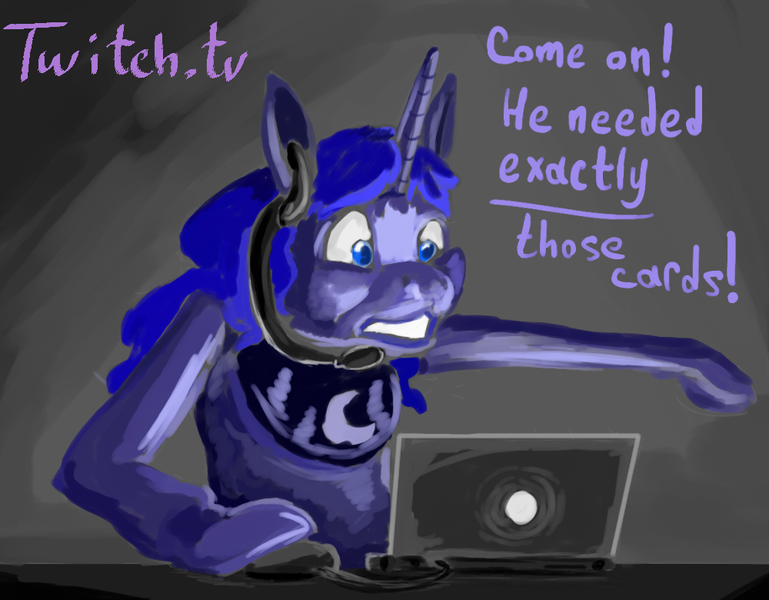 Size: 1000x780 | Tagged: 30 minute art challenge, computer, computer mouse, derpibooru import, gamer luna, gritted teeth, headset, hearthstone, hoof hold, laptop computer, princess luna, safe, solo, twitch.tv, wide eyes