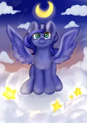 Size: 1700x2404 | Tagged: safe, artist:sunday-spring, derpibooru import, princess luna, cloud, cloudy, moon, sitting, smiling, solo, spread wings, stars