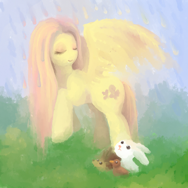 Size: 1024x1024 | Tagged: angel bunny, animal, artist:swallowchaser, bird, derpibooru import, eyes closed, fluttershy, hedgehog, rain, safe