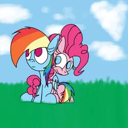 Size: 1024x1024 | Tagged: safe, artist:mr. rottson, deleted from derpibooru, derpibooru import, pinkie pie, rainbow dash, cloud, cloudy, female, grass, hug, lesbian, pinkiedash, shipping