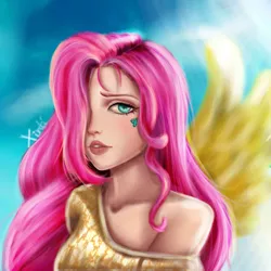 Size: 4000x4000 | Tagged: artist:xintani, bare shoulder portrait, clothes, derpibooru import, eye cover, fluttershy, hair over one eye, human, humanized, off shoulder, safe, solo, tattoo, winged humanization