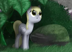 Size: 1500x1080 | Tagged: safe, artist:nimaru, derpibooru import, derpy hooves, pegasus, pony, cloud, cloudy, grass, green, leaves, moss, rain, rock, sky, solo, wet mane