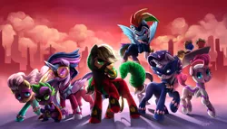 Size: 3526x2023 | Tagged: safe, artist:audrarius, derpibooru import, applejack, fili-second, fluttershy, humdrum, masked matter-horn, mistress marevelous, pinkie pie, radiance, rainbow dash, rarity, saddle rager, spike, twilight sparkle, twilight sparkle (alicorn), zapp, alicorn, pony, power ponies (episode), badass, city, cityscape, cloud, cloudy, cupcake, female, group shot, mane seven, mane six, mare, power ponies, shadows, tray