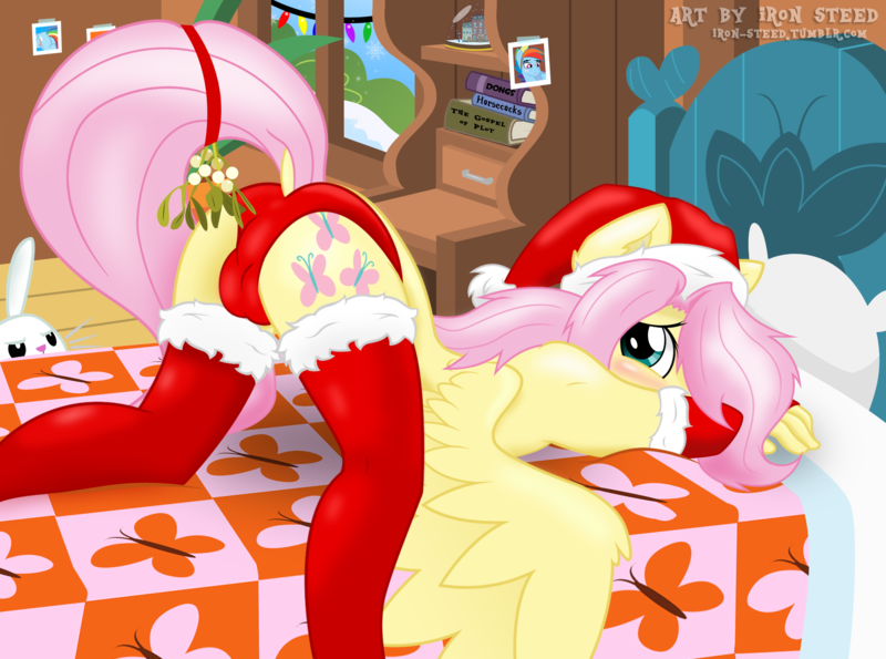 Size: 1790x1332 | Tagged: angel bunny, anthro, artist:iron steed, ass, ass up, bed, blushing, book, butterscotch, christmas, christmas lights, clothes, crossdressing, crotch bulge, derpibooru import, desk, dock, drawer, explicit source, femboy, fluttershy, fluttershy's cottage, hat, kiss my ass, male, mistletoe, mistletoe abuse, panties, picture, pillow, plant, presenting, questionable, rainbow blitz, rainbow dash, rule 63, santa hat, snow, snowfall, snow globe, solo, solo male, stockings, thigh highs, underwear, window