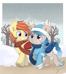 Size: 2550x2860 | Tagged: safe, artist:inkie-heart, derpibooru import, oc, oc:crisp air, oc:glimmer palette, unofficial characters only, bat pony, pony, airlette, blushing, clothes, coat, couple, female, love, male, scarf, snow, snowfall, snowflake, straight, winter, winter outfit