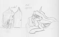 Size: 1218x768 | Tagged: artist:slash-sun-slash, bed, celestiadoodle, derpibooru import, hat, lampshade, lampshade hat, monochrome, princess celestia, princess luna, safe, traditional art