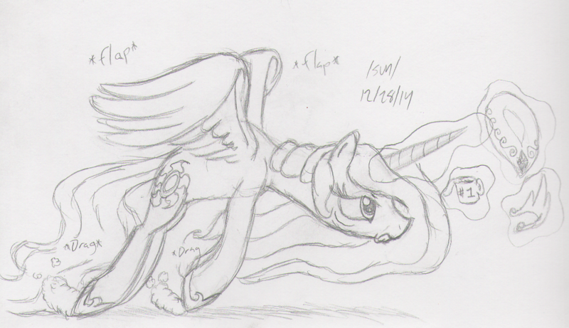 Size: 1218x702 | Tagged: artist:slash-sun-slash, celestiadoodle, derpibooru import, magic, monochrome, princess celestia, safe, solo, telekinesis, tired, traditional art