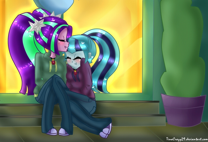 Size: 700x480 | Tagged: safe, artist:tinacrazy29, derpibooru import, aria blaze, sonata dusk, equestria girls, rainbow rocks, arisona, blushing, clothes, cute, female, hoodie, lesbian, shipping, snuggling