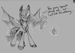 Size: 1280x910 | Tagged: safe, artist:rain-gear, derpibooru import, nightmare moon, princess luna, bat pony, pony, blushing, candle, cupcake, frown, glare, lunabat, magic, monochrome, race swap, solo, spread wings, telekinesis, tsundere, tsundere moon