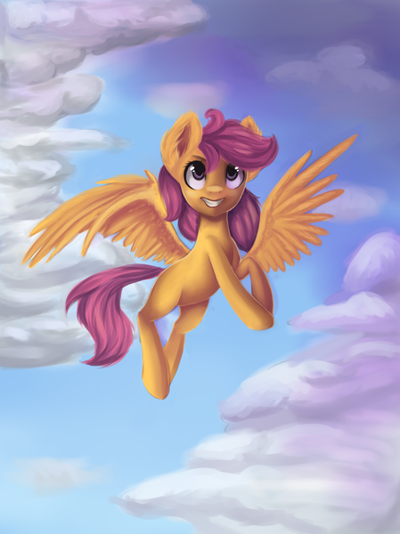 Size: 2437x3256 | Tagged: safe, artist:salatopony, derpibooru import, scootaloo, cloud, cloudy, flying, high res, scootaloo can fly, sky, solo