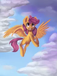 Size: 2437x3256 | Tagged: safe, artist:salatopony, derpibooru import, scootaloo, cloud, cloudy, flying, high res, scootaloo can fly, sky, solo