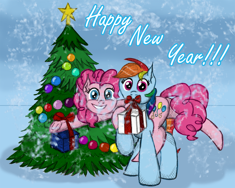 Size: 1024x817 | Tagged: safe, artist:athlete-grizzle, derpibooru import, pinkie pie, rainbow dash, christmas, christmas tree, present, tree