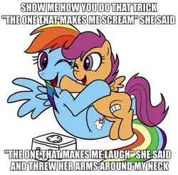 Size: 661x650 | Tagged: artist:madmax, bandaid, derpibooru import, edit, first aid kit, hug, image macro, just like heaven, meme, rainbow dash, safe, scootaloo, scootalove, simple background, song reference, the cure, white background