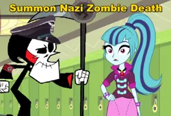 Size: 774x524 | Tagged: safe, derpibooru import, edit, screencap, sonata dusk, equestria girls, clothes, grim reaper, hat, lockers, nazi, nazi armband, nazi zombie, peaked cap, robe, scythe, south park: the stick of truth, swastika, the grim adventures of billy and mandy