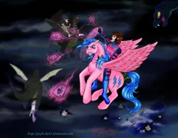 Size: 984x763 | Tagged: safe, artist:psylocke83, derpibooru import, firefly, scorpan, dragon, human, pegasus, pony, stratadon, rescue at midnight castle, card, crossover, female, g1, gambit, humans riding ponies, magic, mare, riding, stratodon, x-men