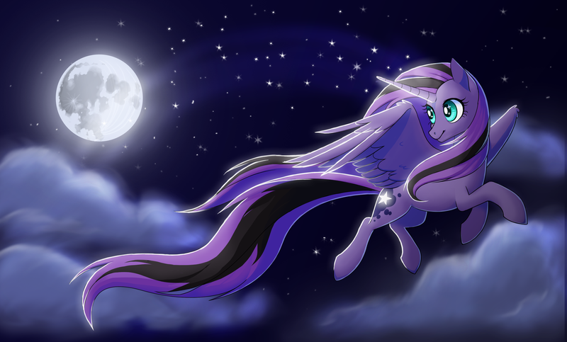 Size: 2852x1721 | Tagged: safe, artist:trippinmars, derpibooru import, oc, oc:valkyrie, unofficial characters only, alicorn, pony, alicorn oc, cloud, cloudy, female, flying, full moon, looking back, mare, moon, night, night sky, sky, solo, spread wings, starry eyes, starry night, stars, windswept mane, windswept tail, wingding eyes, wings