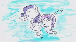 Size: 874x485 | Tagged: artist:iiya, bubble, derpibooru import, eyes closed, hilarious in hindsight, music notes, rarity, safe, seahorse, seaponified, sea pony, seapony rarity, seapony sweetie belle, singing, sisters, species swap, sweetie belle, traditional art, underwater