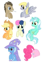 Size: 2059x2912 | Tagged: safe, artist:oceanbreezebrony, derpibooru import, applejack, bon bon, derpy hooves, doctor whooves, lyra heartstrings, pinkie pie, sweetie drops, time turner, trixie, pegasus, pony, artifact, cutout, doctor who, female, mare, mouth hold, sonic screwdriver