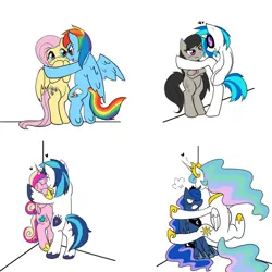 Size: 1000x1000 | Tagged: safe, artist:yoonny92, derpibooru import, fluttershy, octavia melody, princess cadance, princess celestia, princess luna, rainbow dash, shining armor, vinyl scratch, pony, ashidon, bipedal, cicada block, crossed hooves, eyes closed, female, flutterdash, glasses, heart, incest, jewelry, kabedon, lesbian, looking at each other, luna is not amused, octavia is not amused, open mouth, princest, regalia, scratchtavia, shipping, simple background, sitting, smiling, unamused, white background