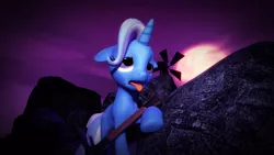 Size: 1920x1080 | Tagged: safe, artist:themacchinamustfall, derpibooru import, trixie, pony, unicorn, 3d, a bombed flyer, axe, dark, female, gmod, mare, moon, reference, rock, rock farm, tired, tongue out, windmill