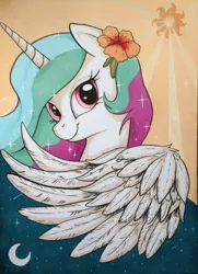 Size: 1840x2545 | Tagged: artist:yellowrobin, crescent moon, cute, cutelestia, day, derpibooru import, feather, flower, flower in hair, happy, markers, moon, night, portrait, princess celestia, safe, smiling, solo, stars, sun, traditional art, wings