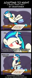 Size: 850x2020 | Tagged: safe, artist:drawponies, artist:terminuslucis, derpibooru import, vinyl scratch, pony, unicorn, comic:adapting to night, comic:adapting to night: a deadly feast, a deadly feast, blood pack, cheese, comic, food