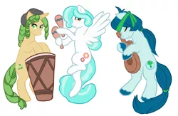 Size: 800x521 | Tagged: safe, artist:bonmot, derpibooru import, captain planet, paisley, sandalwood, ponified, pony, equestria girls, background human, eco kids, equestria girls ponified, maracas, musical instrument