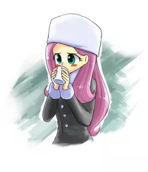 Size: 805x932 | Tagged: safe, artist:twilite-sparkleplz, derpibooru import, fluttershy, equestria girls, blushing, clothes, cold, hat, hot chocolate, scarf, solo, ushanka, winter