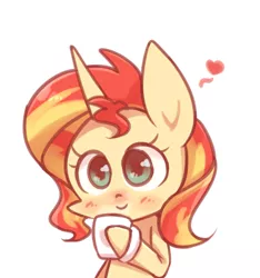 Size: 1200x1280 | Tagged: safe, artist:joycall6, derpibooru import, sunset shimmer, pony, unicorn, blushing, cup, cute, female, heart, mare, shimmerbetes, solo