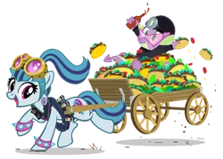 Size: 880x631 | Tagged: safe, artist:pixelkitties, derpibooru import, sonata dusk, spike, ponified, dragon, pony, rainbow rocks, cart, duo, female, male, mare, ponified siren, simple background, sonataco, taco, taco tuesday, transparent background, vector