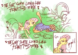 Size: 1107x793 | Tagged: safe, artist:cruddydoodles, derpibooru import, fluttershy, pegasus, pony, rabbit, angry, audrey 2, carnivorous plant, crossover, cutie mark, little shop of horrors, plant, song reference, spread wings, wings