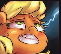 Size: 422x373 | Tagged: ahegao, anthro, applejack, artist:atryl, bust, comic:everything that glitters, cropped, cyoar, edit, faic, female, gritted teeth, i came, implied orgasm, lightning, mind break, reaction image, safe, solo, sweat