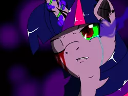 Size: 640x480 | Tagged: semi-grimdark, artist:zeroexe119, derpibooru import, twilight sparkle, pony, unicorn, alicorn magic, blood, bust, corrupted, crying, dark magic, eye mist, fear, magic, pain, sombra eyes, tears of blood