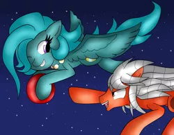 Size: 1462x1142 | Tagged: safe, artist:mytatsur, derpibooru import, oc, unofficial characters only, ball, catch me if you can, competition, flying, night, playing, reaching