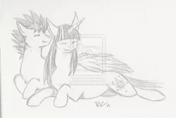 Size: 1024x687 | Tagged: safe, artist:radioactivedeadend, derpibooru import, flash sentry, twilight sparkle, twilight sparkle (alicorn), alicorn, pony, female, flashlight, male, mare, monochrome, pregnant, shipping, sketch, straight, traditional art, watermark