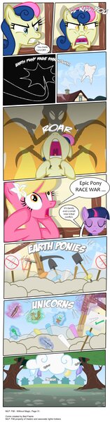 Size: 1280x4907 | Tagged: safe, artist:perfectblue97, derpibooru import, bon bon, lily, lily valley, sweetie drops, twilight sparkle, pony, comic:without magic, comic, earth pony twilight, race war, rake, scythe, shovel, sign, tree