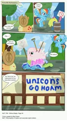 Size: 3391x6129 | Tagged: safe, artist:perfectblue97, derpibooru import, applejack, cherry berry, daisy, flower wishes, lily, lily valley, minuette, rainbow dash, oc, oc:fluffle puff, pony, comic:without magic, comic, misspelling, shovel, sign, unconscious