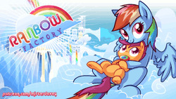 Size: 714x402 | Tagged: safe, artist:misterdavey, derpibooru import, rainbow dash, scootaloo, fanfic:rainbow factory, animated, cloud, cloudy, cuddling, cute, cutealoo, dashabetes, grimcute, hug, logo, lollipop, looking at you, on back, patreon, pegasus device, sitting, smiling, snuggling, spread wings, this will end in tears and/or death