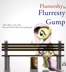 Size: 3190x3505 | Tagged: artist:facelesssoles, bench, derpibooru import, fluttershy, forrest gump, high res, parody, ponified, safe, solo, suitcase