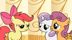 Size: 576x324 | Tagged: alternate hairstyle, apple bloom, artist:lifesharbinger, cutie mark crusaders, derpibooru import, mane swap, safe, scootaloo, sweetie belle, unamused