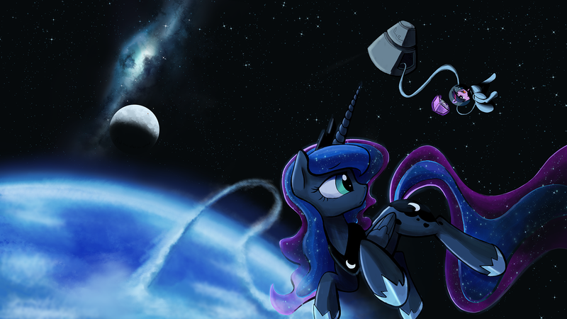 Size: 1920x1080 | Tagged: safe, artist:darkflame75, derpibooru import, princess luna, twilight sparkle, alicorn, unicorn, astronaut, book, female, floating, frown, levitation, looking back, magic, mare, moon, nebula, open mouth, orbit, planet, space, spaceship, spacesuit, stars, telekinesis, upside down